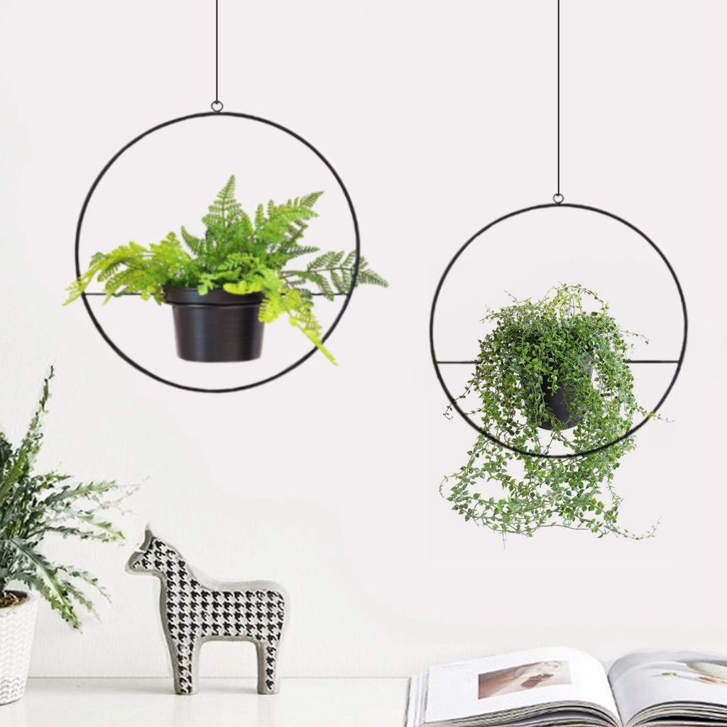 Set 'Opsterland' di 2 Fioriere Sospese 2 Supporti a Forma di Cerchio per Pianta Appesa Set Portavasi Pensili in Metallo da Misure Diverse - Nero [en.casa]