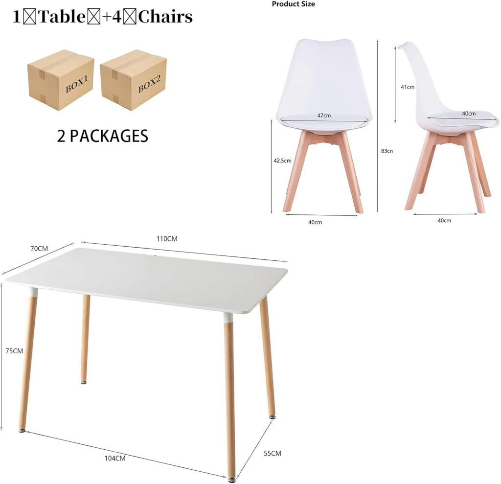 GrandCA HOME Tavolo da pranzo e 4 sedie Set da pranzo moderno, tavolo rettangolare e sedie da cucina, Bianco