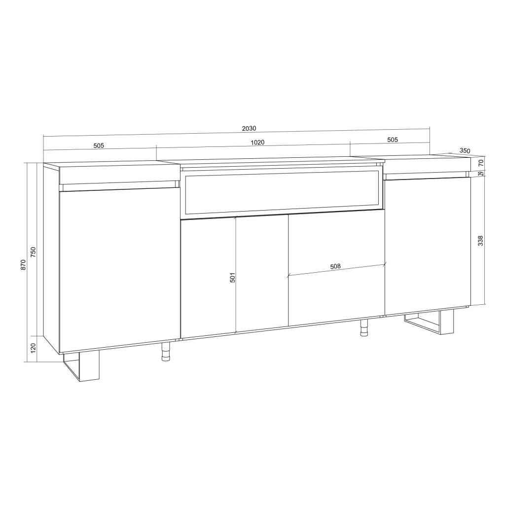 Credenza, Mobile, Cucina, 200x87x35cm, 4 Porte, Camino elettrico, Design industriale, Rovere soft e bianco