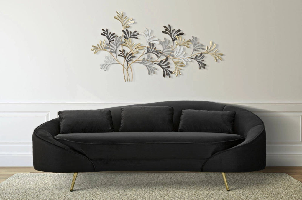 Divano fisso 3 posti Verte, Sofà dritto, Divanetto per salotto, Poltrona matrimoniale con contenitore, 185x84 h68 cm, Nero e Oro