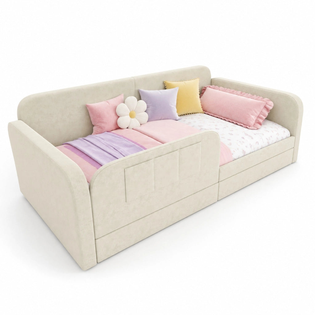 Letto singolo imbottito 90x200 cm con cassetti, bianco