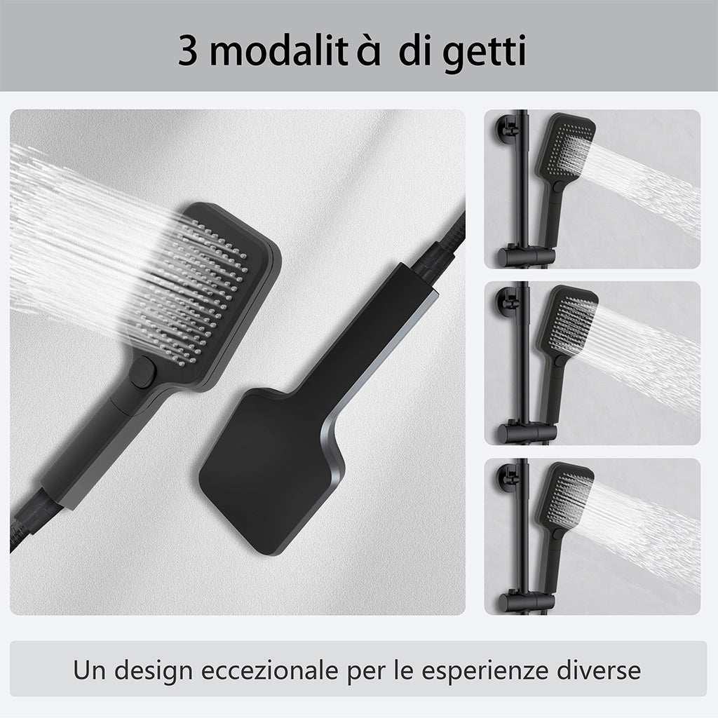 Colonna doccia idromassaggio AICA ITALY con rubinetto termostatico, soffione doccia a pioggia 30x30cm in acciaio inox, nero opaco
