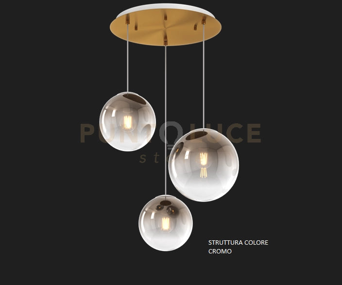 SOSP. CROMO 3 LUCI TONDO VETRI (2 PICCOLI +1 MEDIO) TUTTI BRONZO 1194CR-S3 TPM-BR