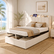 Letto singolo per bambini con contenitore idraulico, rete a doghe, testiera imbottita, porte USB e Type-C, velluto beige