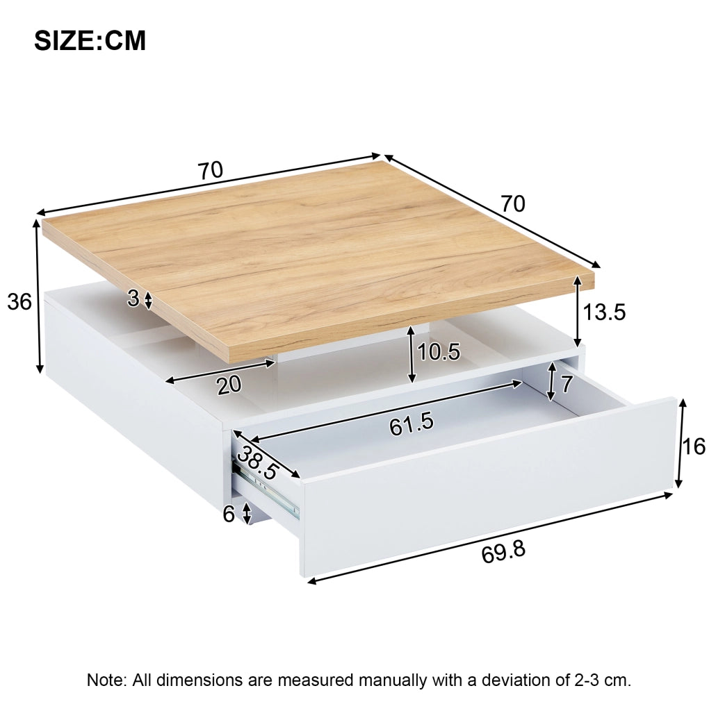 Tavolino da caffè quadrato girevole 360° con cassetto 70x70x36 cm in truciolare; noce e bianco lucido