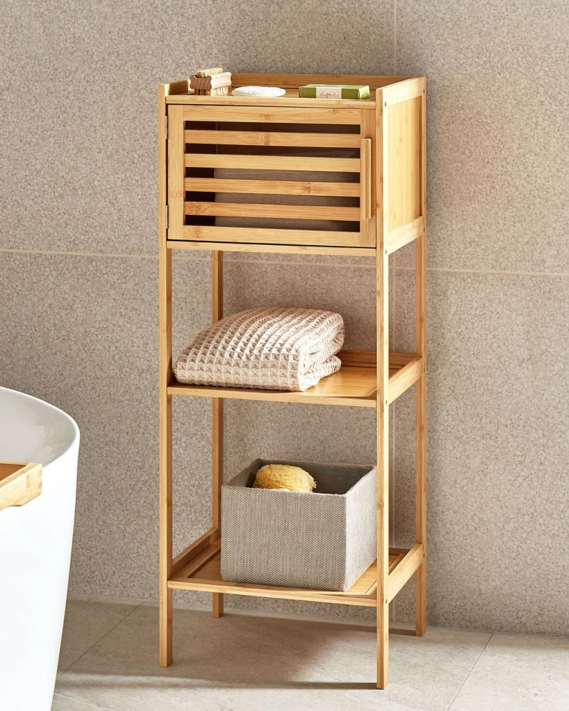Scaffale da bagno in bambù in marrone chiaro corto con anta 3 ripiani