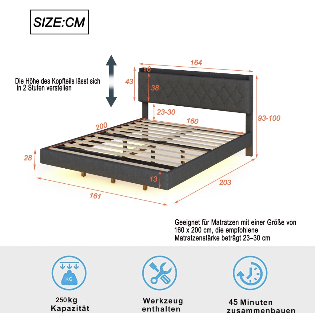 Letto imbottito matrimoniale 160x200 cm con LED a colori variabili; porta USB; contenitore; grigio