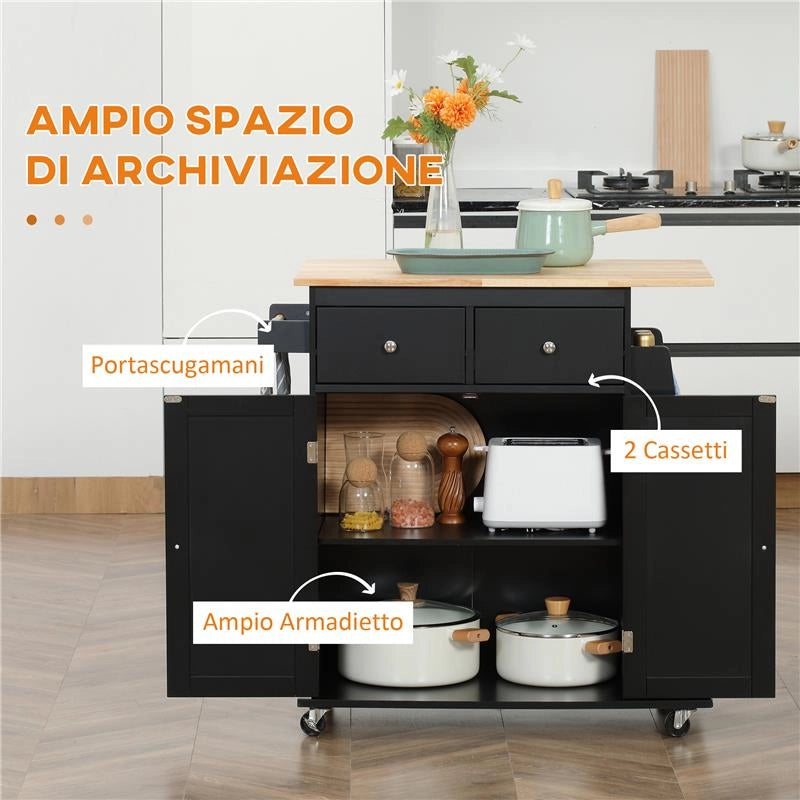 CARRELLO DA CUCINA CON ARMADIETTO 2 CASSETTI E PORTASPEZIE ISOLA DA CUCINA IN LEGNO 89X45X89.5 CM NERO
