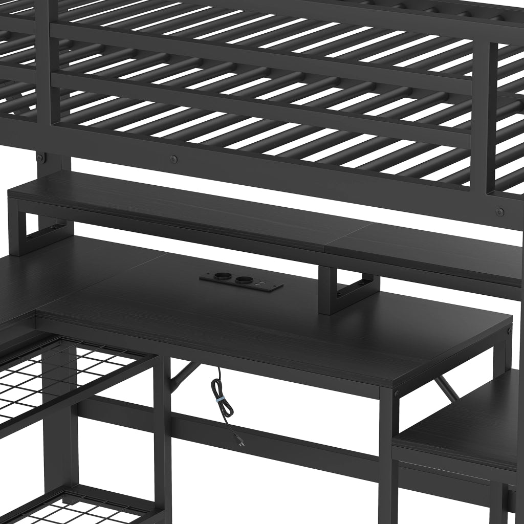 Letto a soppalco 140x200 cm con scrivania; LED e USB in metallo e MDF