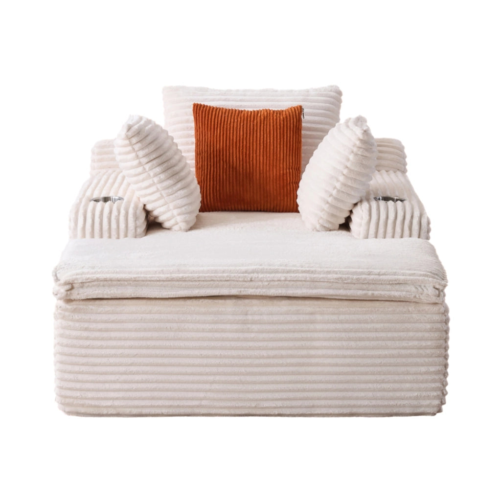 Divano Convertibile Senza Struttura con Chaise Longue, 3 Cuscini e Portabicchieri in Velluto a Coste Beige