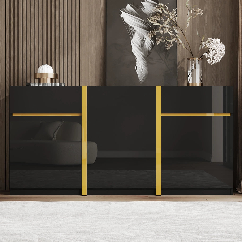 Credenza lucida, 3 ante e 2 cassetti, mobile da ingresso, finiture dorate, nero