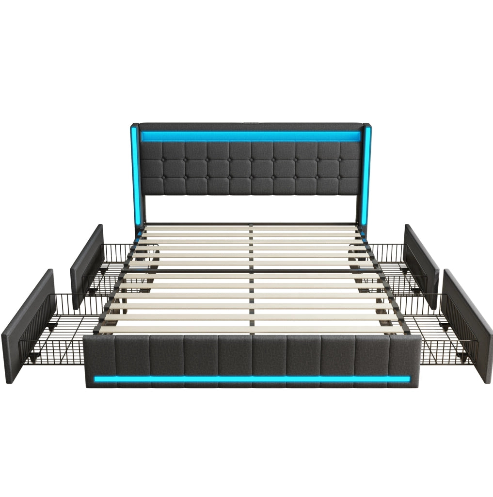 Letto 140x200 cm con 4 cassetti, LED e USB-C in lino grigio scuro