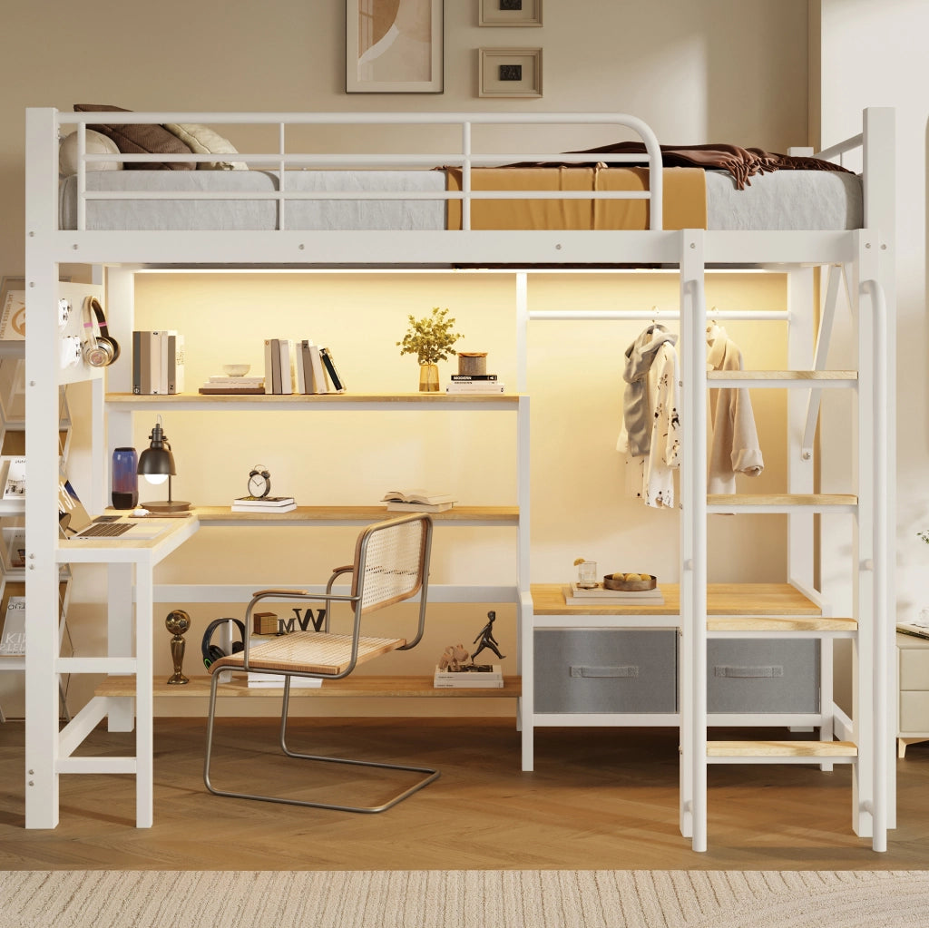 Letto a soppalco bianco 90 x 200 cm con scrivania, LED e USB