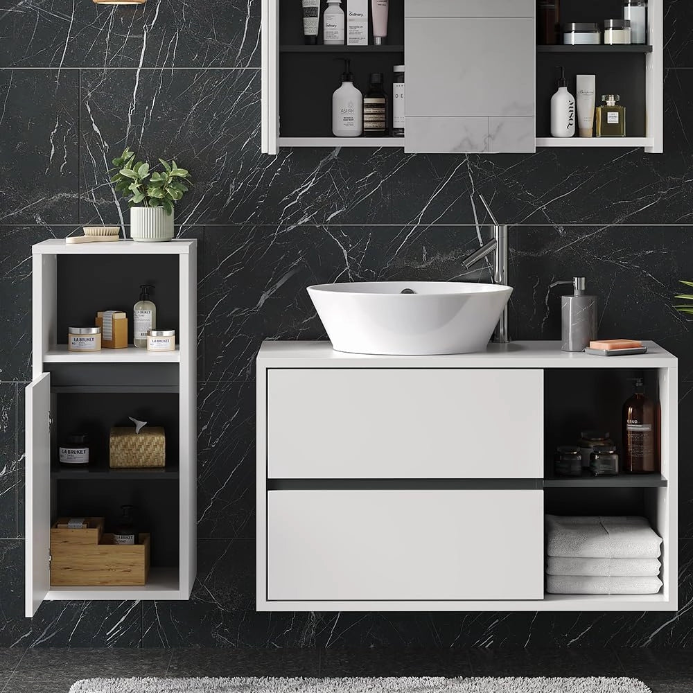 Set mobili bagno Viola, Bianco, 100 cm, composto da mobile sottolavabo, specchiera e mobile medio