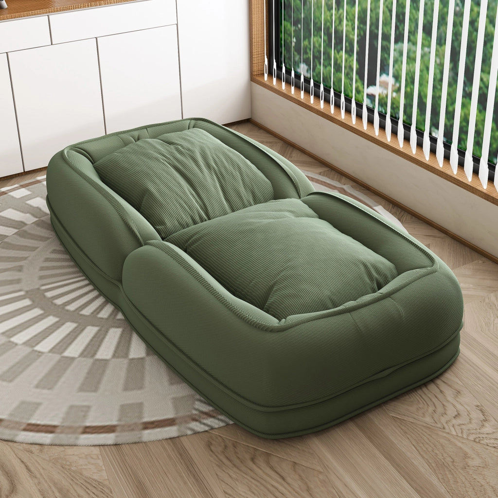 Divano letto ergonomico pieghevole con schienale regolabile a 5 posizioni, 2 cuscini e struttura in tessuto verde per soggiorno e lettura quotidiano