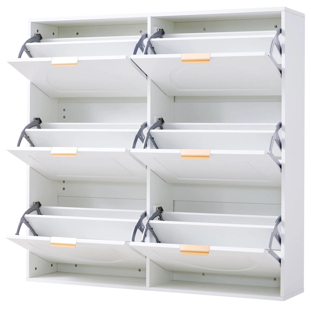 Mobile portascarpe bianco con 6 ribalte; struttura sottile 118x25x115 cm in MDF e truciolare