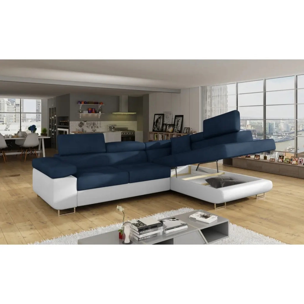 Divano angolare trasformabile MENTON blu scuro e bianco bouclé - Angolo destro con contenitore
