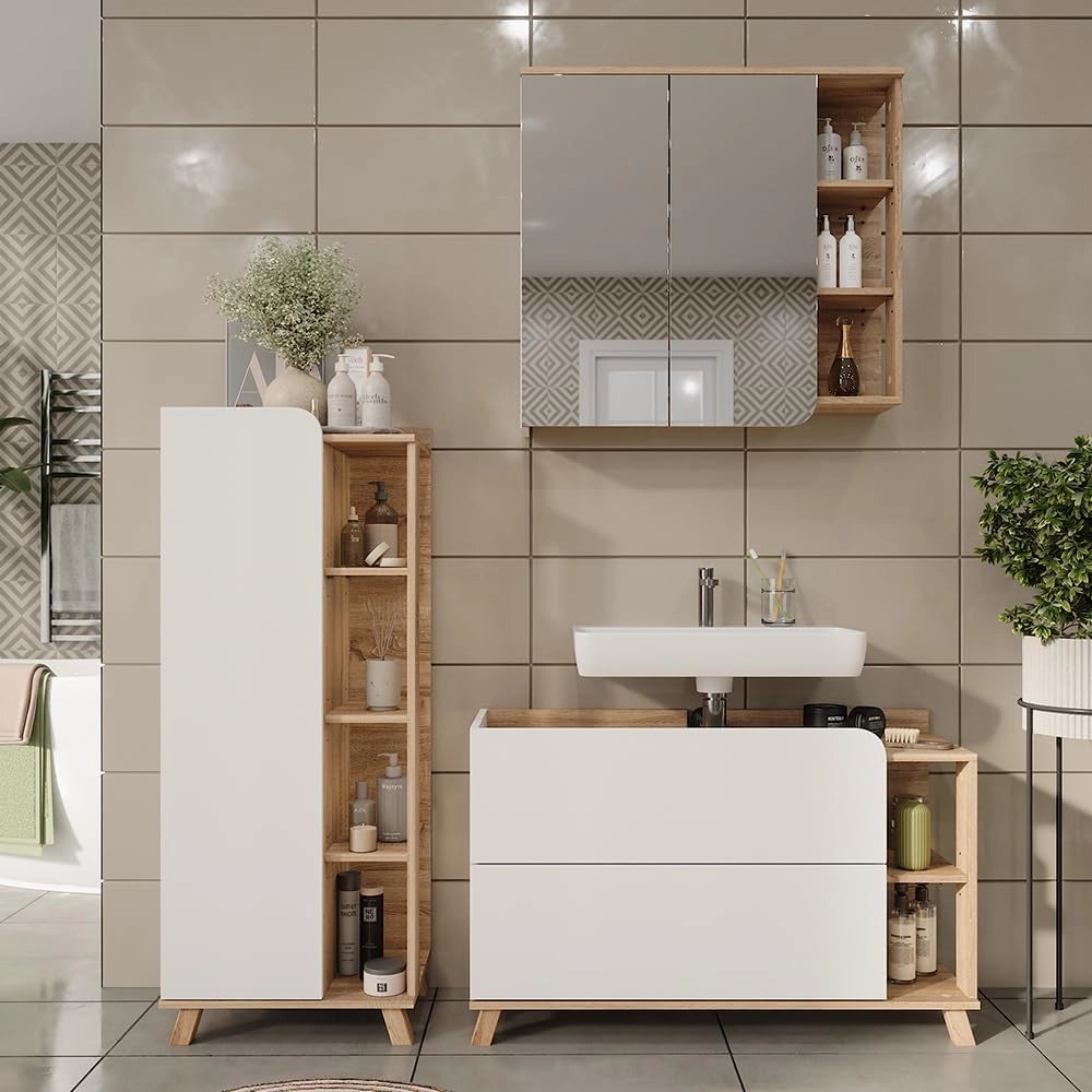 Set di mobili da bagno Karen, Sonoma/Bianco, 100 cm, composto da mobile sottolavabo, specchiera e mobile medio