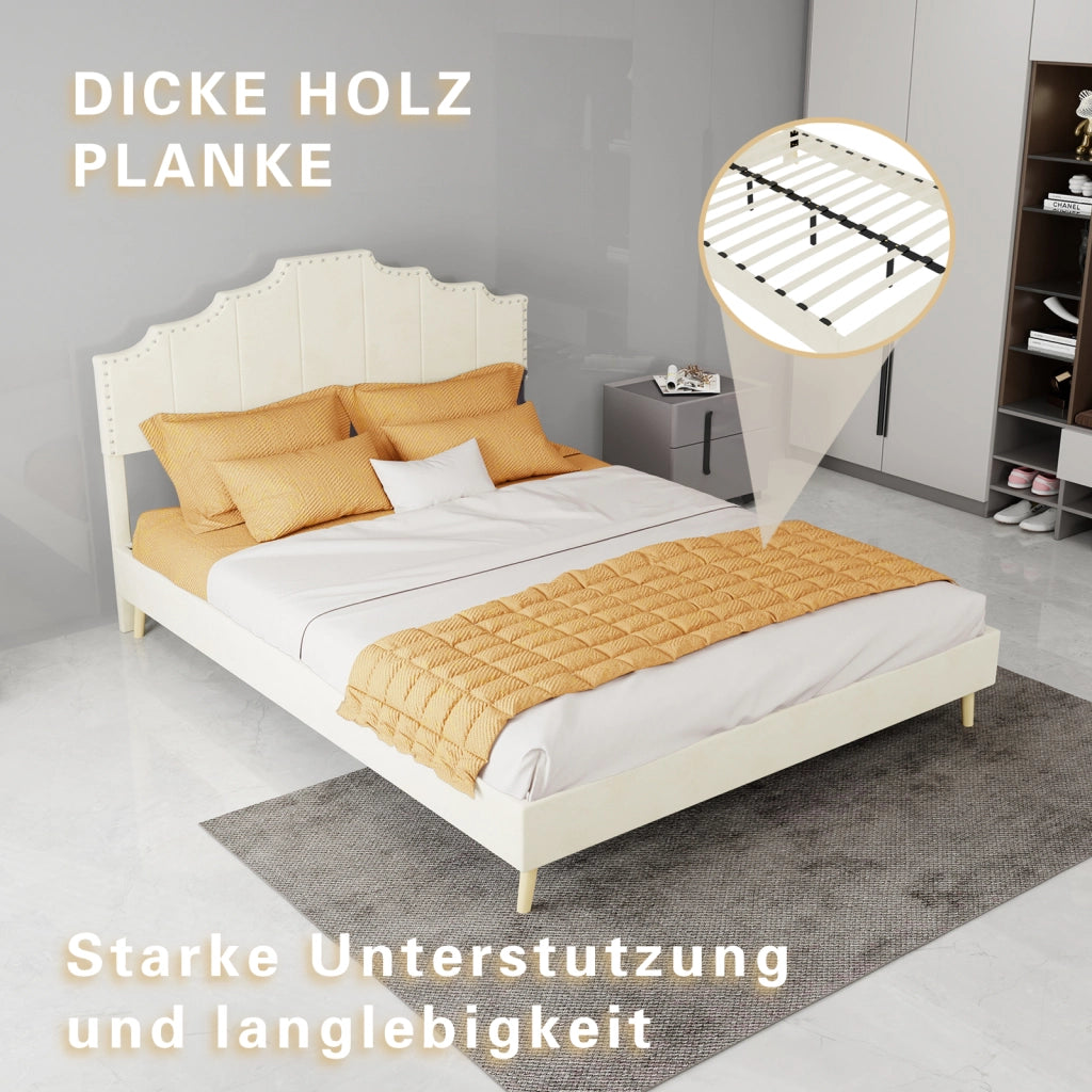 DESMIU Letto matrimoniale 140 × 200 cm 2 posti con testiera geometrica, senza materasso, in tessuto beige
