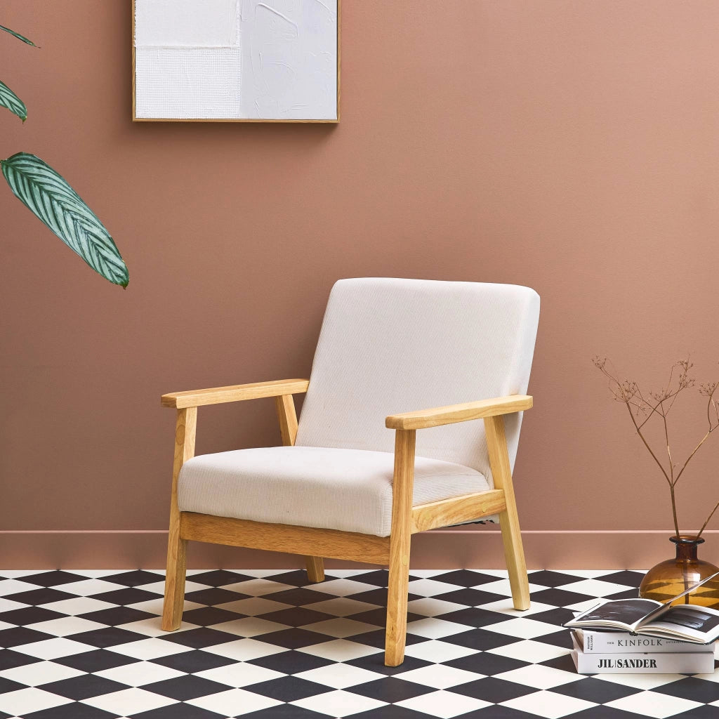 Poltrona scandinava in legno e velluto a coste, crema