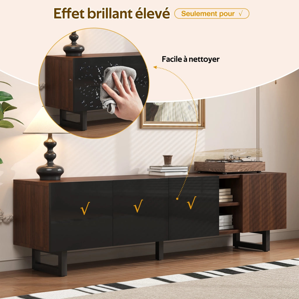 OKWISH Mobile TV con 4 Ante e Ripiani Interni, Frontali Lucidi senza Maniglie, per Soggiorno, MDF, Nero e Naturale, 180 x 38 x 50 cm