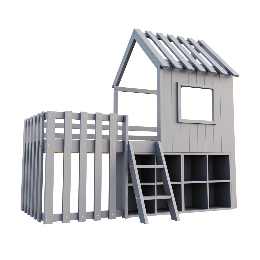 Letto a soppalco per bambini 90×200 cm con tetto; finestre; scala e vano portaoggetti; senza materasso; grigio