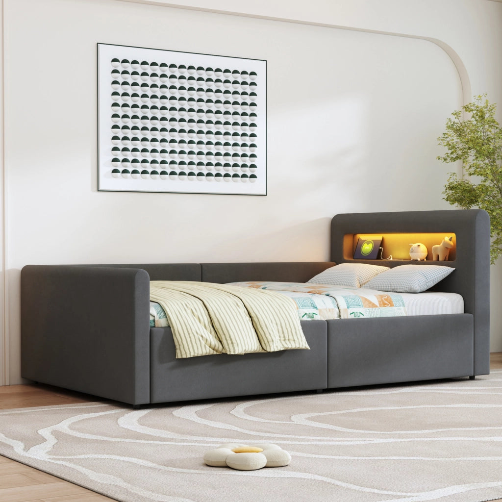 Letto imbottito per bambini 90x200 cm con LED; USB e contenitore idraulico; grigio scuro