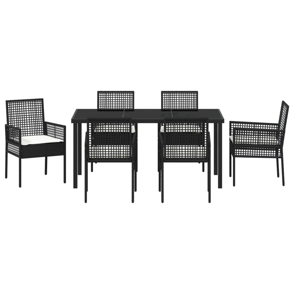 Set da Pranzo da Giardino da 7 Pezzi con Cuscini in Polyrattan Nero