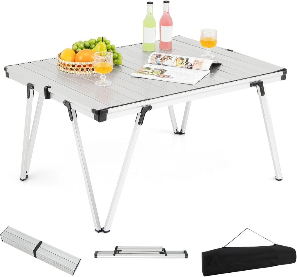 Tavolino da Giardino Pieghevole & Portatile con Borsa di Conservazione, Tavolo da Campeggio con Piano in Alluminio, Tavolo da Esterno per Picnic, Feste, BBQ, Spiaggia, Balcone (Argento)