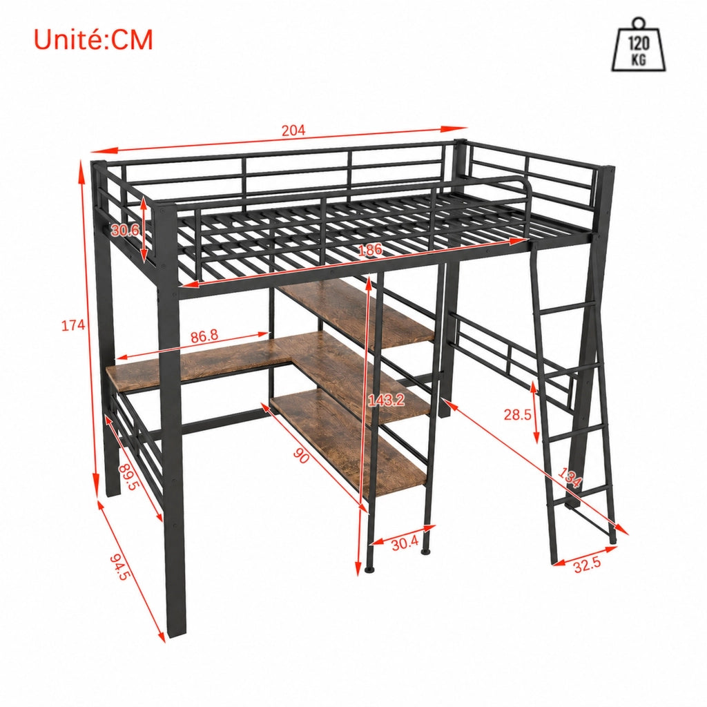 DESMIU Letto a soppalco 1 posto con scrivania, scaffali e scala 90 × 200 cm, senza materasso, in metallo, nero