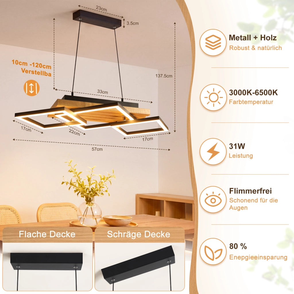 ZMH Lampada a Sospensione LED Legno 31W Moderna Dimmabile Per Tavolo da Pranzo Soggiorno Camera da Letto