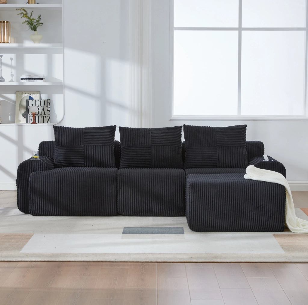 Divano modulare 3 posti in corduroy con portabicchieri e tasca laterale; nero 268x174x80 cm
