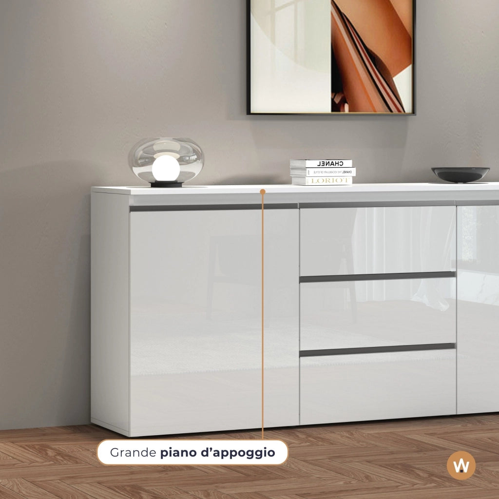 WHOUS Credenza a cassettiera Magic 2 ante e 3 cassetti bianco lucido 180x40x80 cm