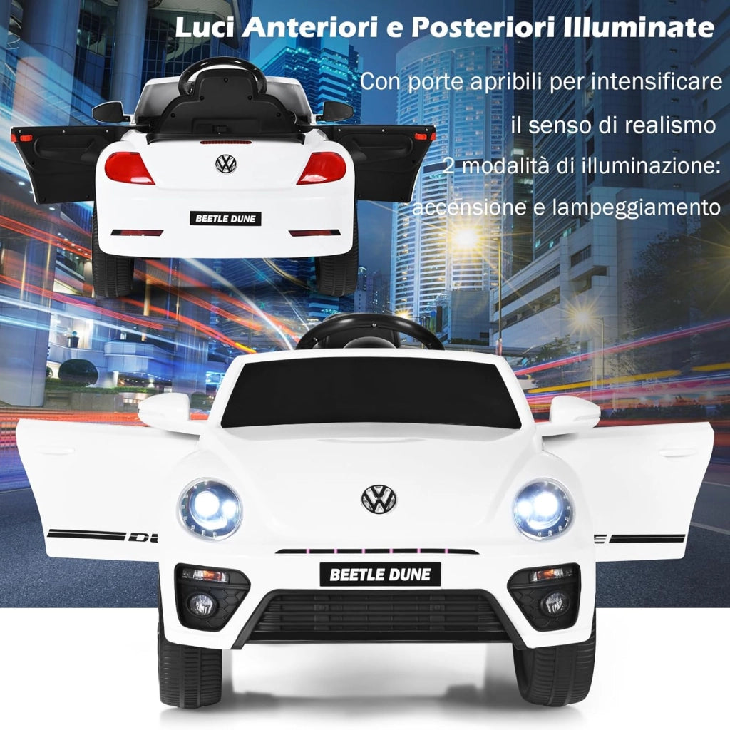 12V Volkswagen Macchina Elettrica per Bambini, Auto Elettrica con Telecomando Luci Musica Doppia Porta, 5km/h Carico 30kg, per Bambini 3-8 Anni (Bianco)