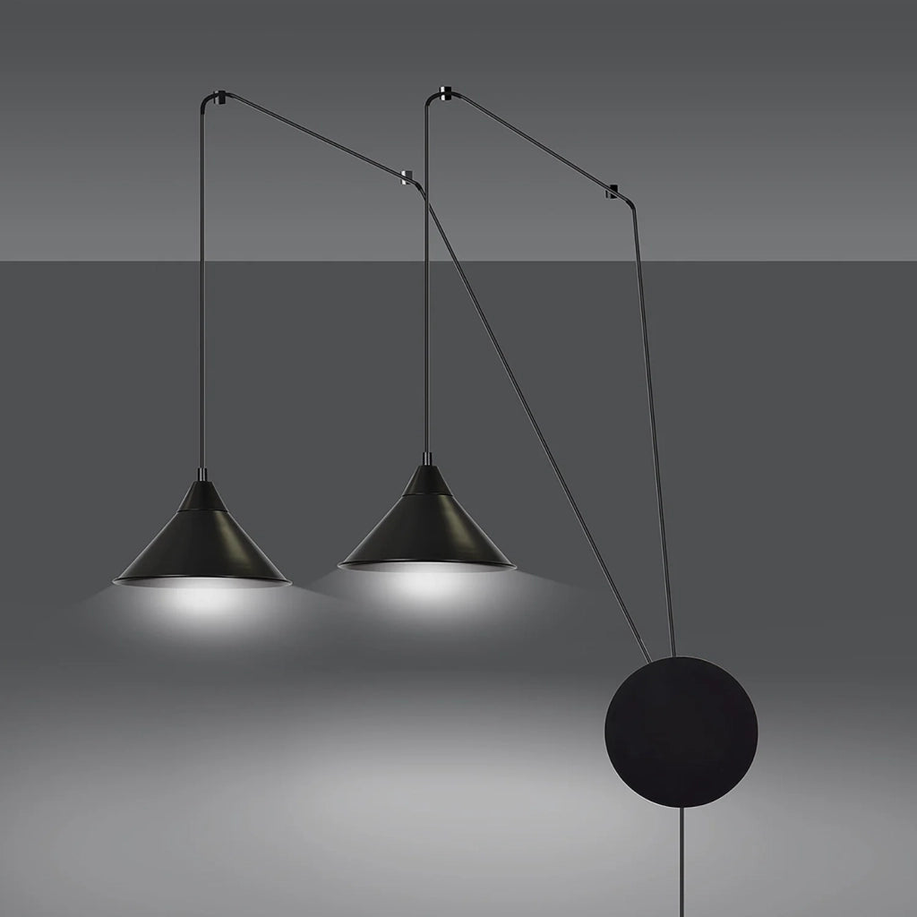 Sospensione Minimal 2 Luci Fujin In Acciao Nero E Paralume A Cono