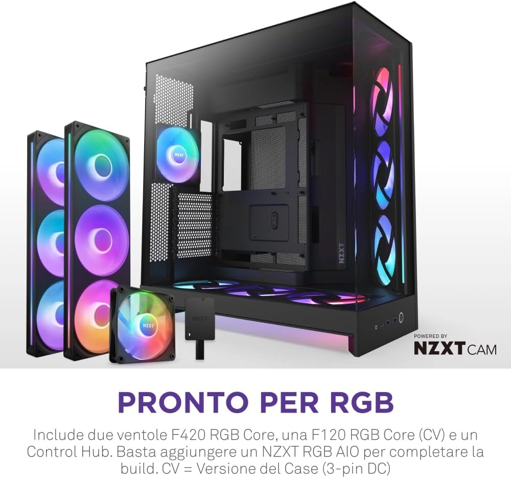 H9 Flow RGB+ (2025) – Grande Case PC ATX Mid-Tower a Doppia Camera per Flusso d'Aria – Include 7 ventole RGB (6 x 140mm, 1 x 120mm) e hub di controllo – Nero