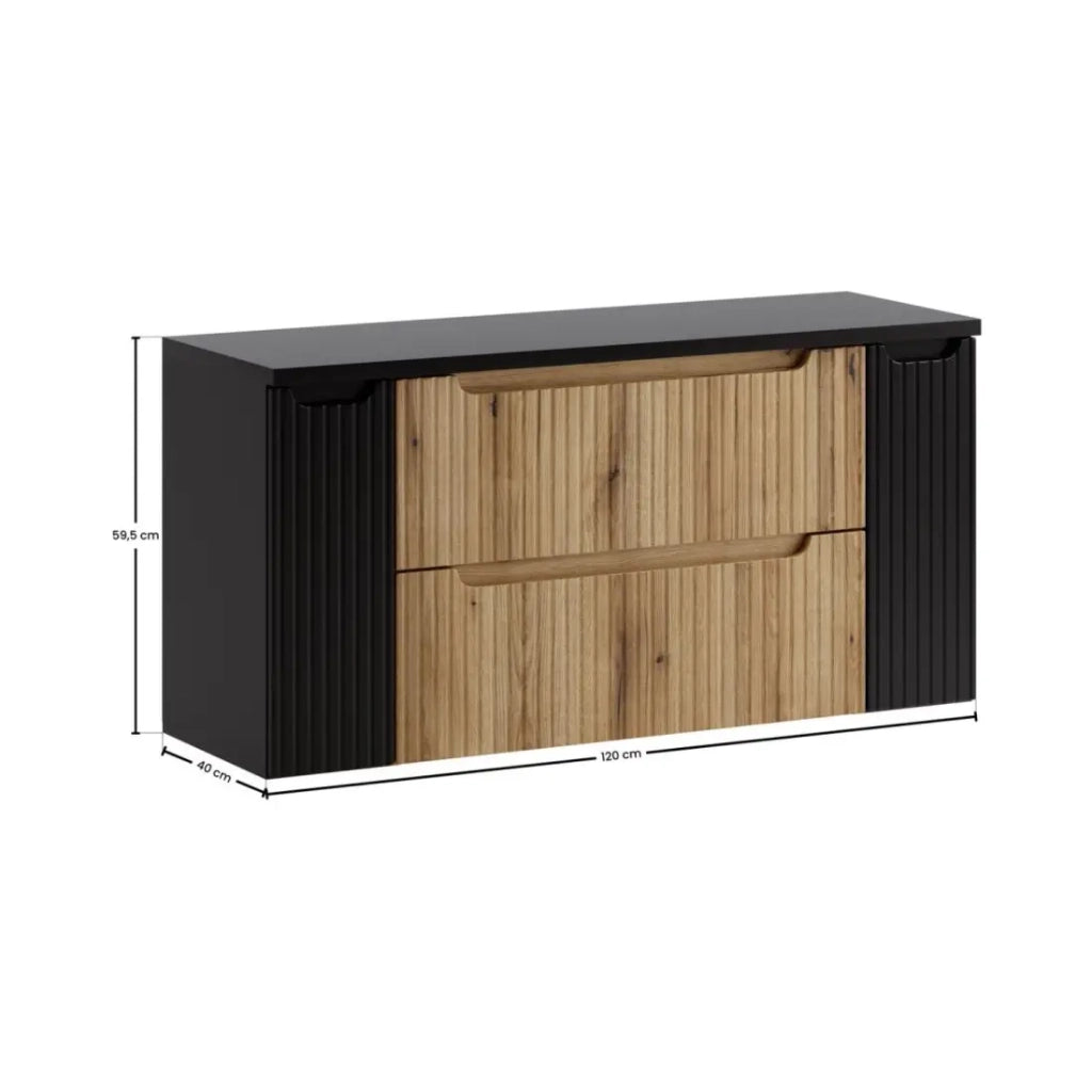 Set da bagno sospeso VANO in rovere chiaro e nero 120cm: mobile sotto lavabo con cassetti e armadietti + piano per lavabo