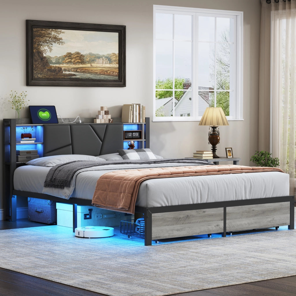 Letto matrimoniale 140x200 cm con testiera LED; USB e due cassetti neri