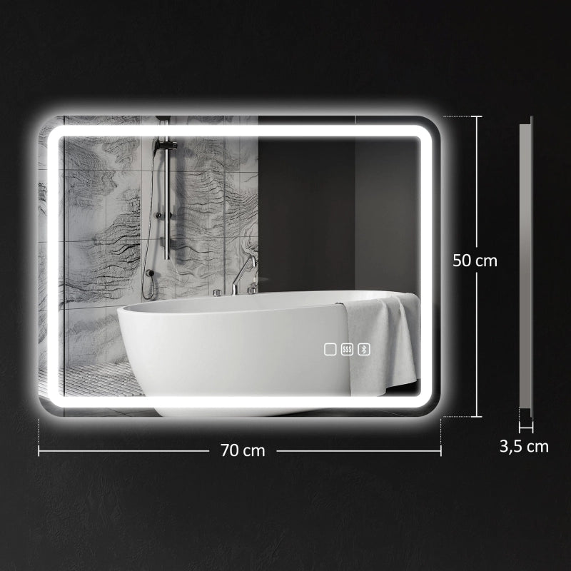 Specchio da bagno LED 50x70 cm con Bluetooth, funzione antiappannamento, touch e memoria, argento