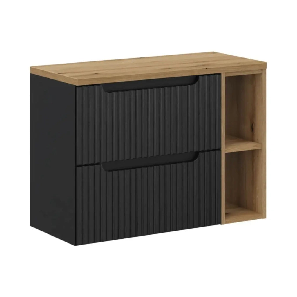 Set VANO 80cm: mobile sottolavabo con nicchie visibili a cassetti + piano per lavabo in rovere chiaro