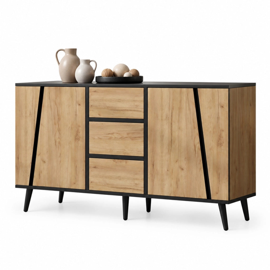 Sideboard con 2 ante e 3 cassetti 120x40x70 cm in MDF e truciolare naturale e nero