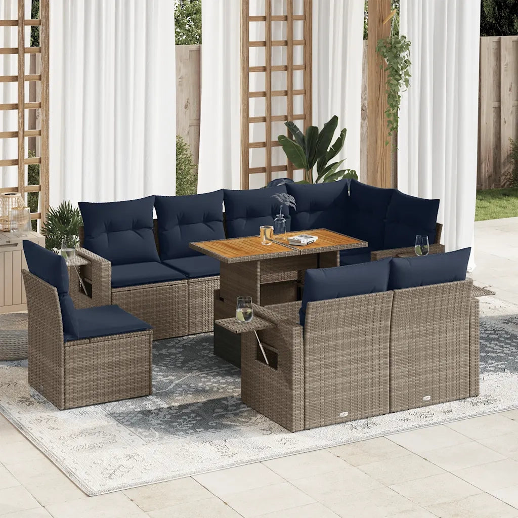Set Divano da Giardino 9 pz con Cuscini Grigio in Polyrattan