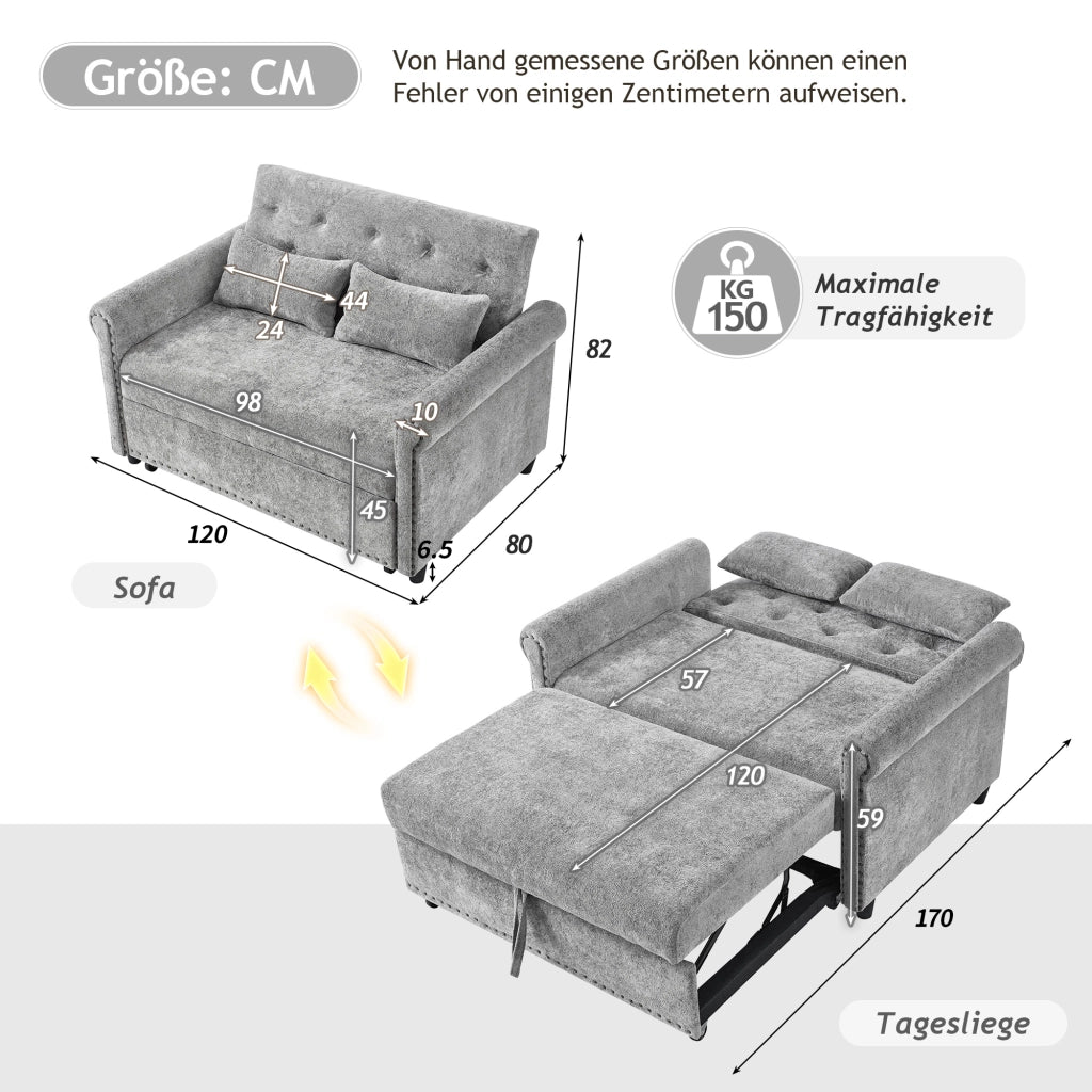 Divano letto 3 in 1 con schienale reclinabile a 3 posizioni letto estraibile in chenille grigio con due cuscini