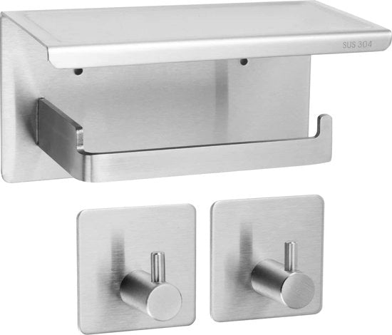 Sostegno per carta igienica senza perforazione, acciaio inossidabile, liscio, con piastra da 18 cm, sostegno per carta igienica autoadesivo con 2 ganci adesivi, fissaggio alla parete per cucina e bagno