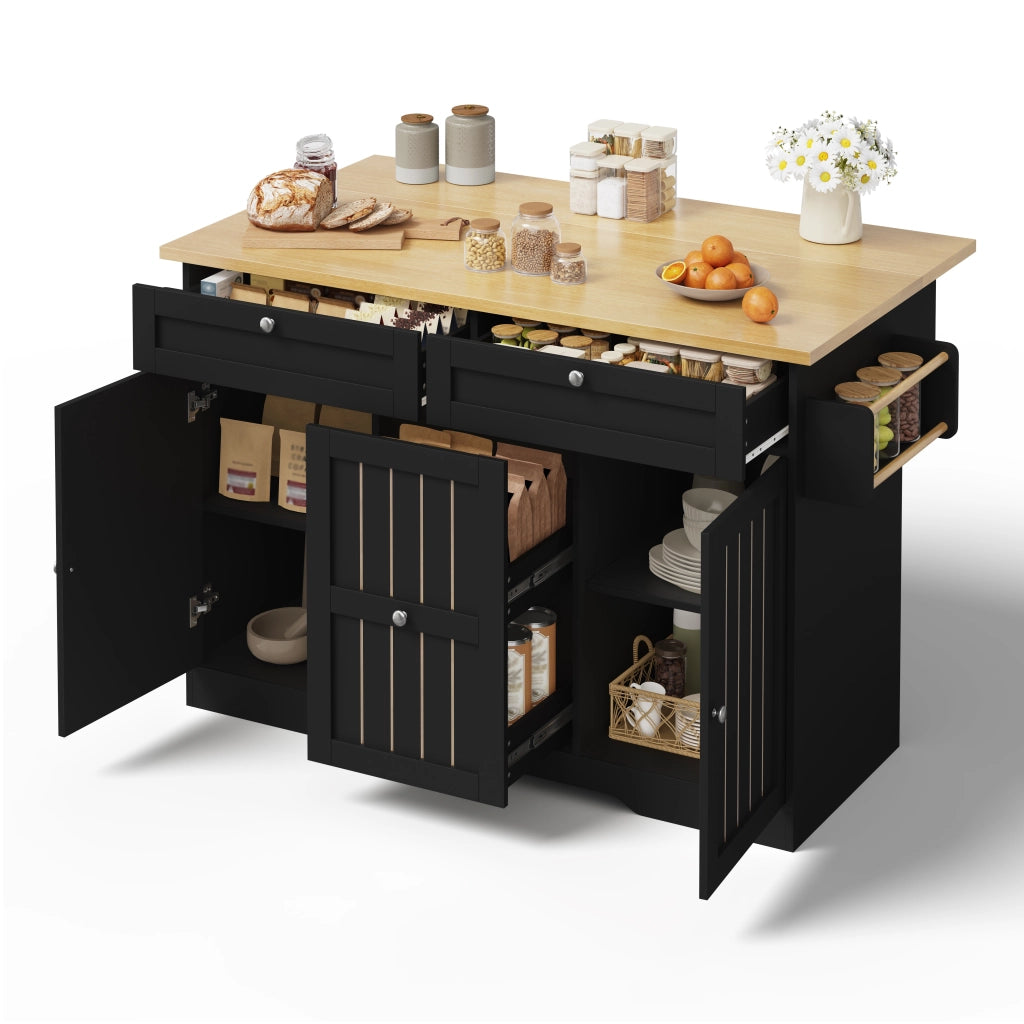 Isola cucina mobile pieghevole con piano estensibile, 2 cassetti verticali, 2 cassetti grandi e ruote frenanti