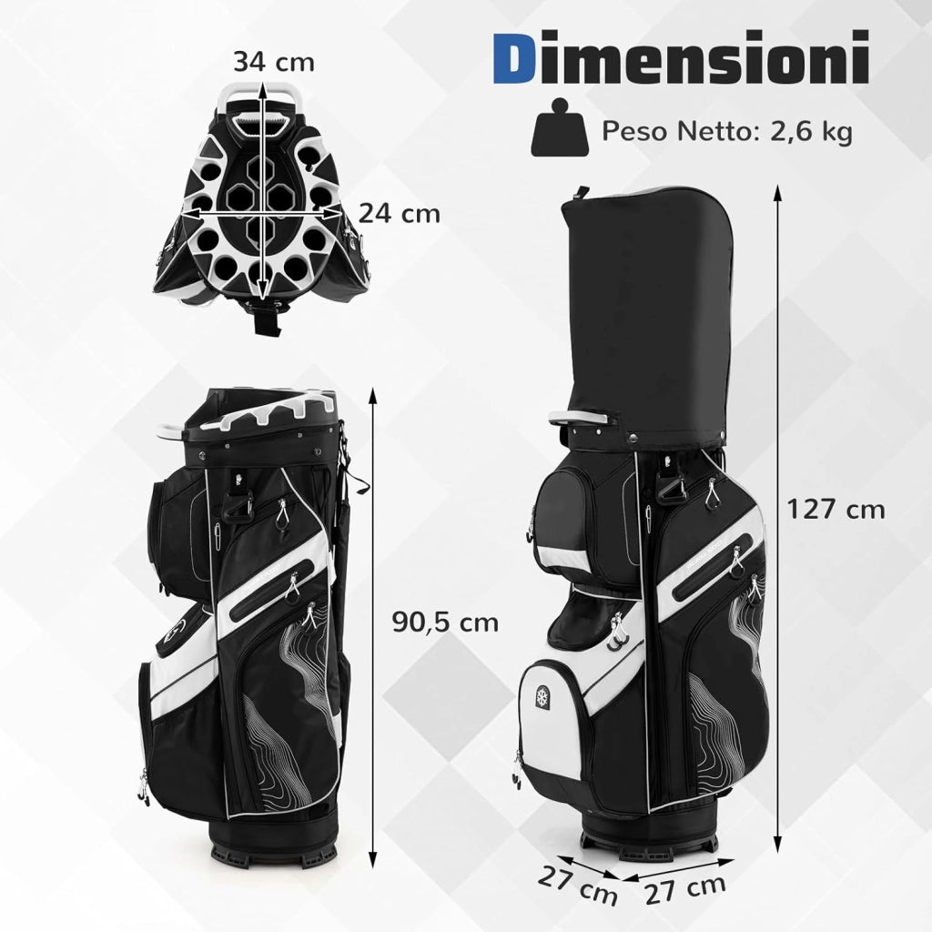 Borsa Carrello da Golf, Sacca da Golf con Serratura e Divisori a 14 Vie, 11 Tasche, Sacca Isolante, Tracolla Imbottita, Maniglie, Porta Ombrello e Cappuccio Antipioggia