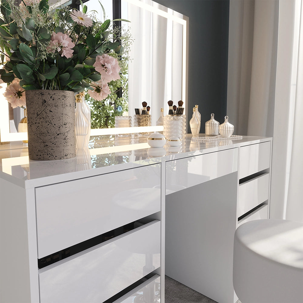 Vicco Tavolo da toeletta Bianco/bianco lucido 128.2 cm con specchio LED e sgabello