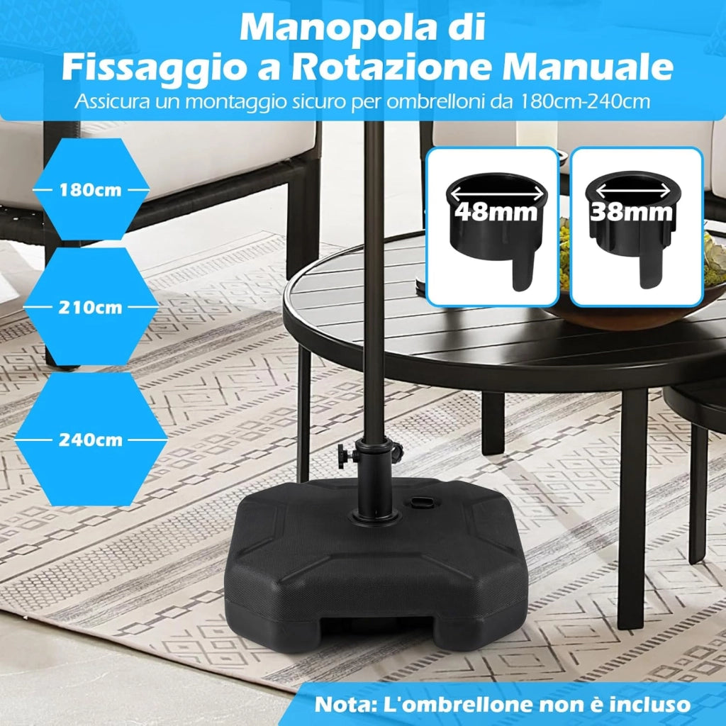 Base per Ombrello Riempibile, Base per Ombrello Pesante 17,5 Litri / 30 kg Riempibile con Acqua o Sabbia, per Poli da Ombrello da 38/48mm, Supporto per Ombrello Giardino Piscina