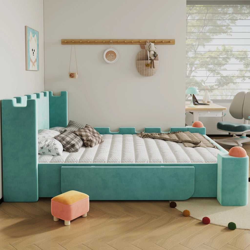 Letto imbottito per bambini 140x200 cm con cassetto contenitore e ripiano pieghevole