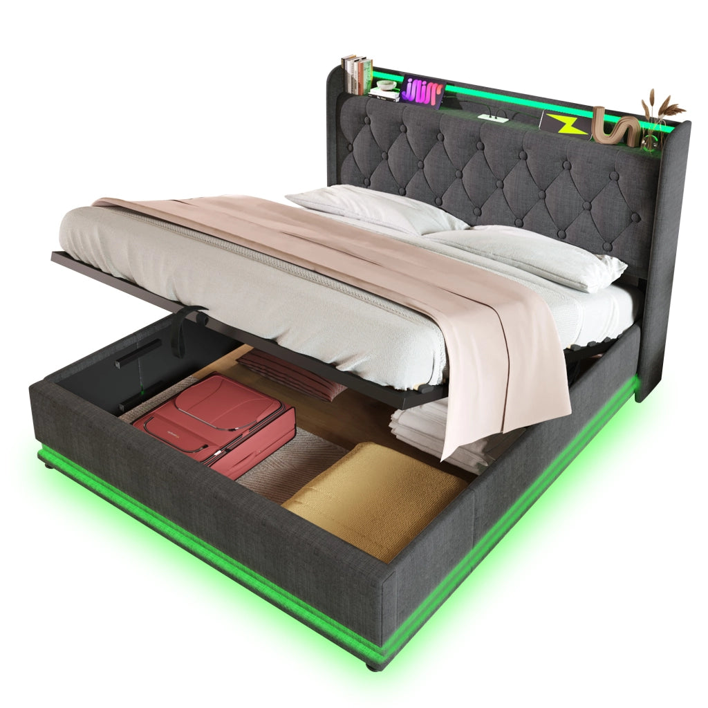 Letto imbottito idraulico con illuminazione a LED e porta USB 140x190 cm colore grigio lino